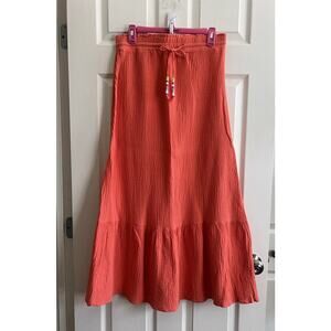 LISA TODD Coral Orange 100% Cotton Gauze Ruffle Hem Beaded Maxi Skirt Sz M
